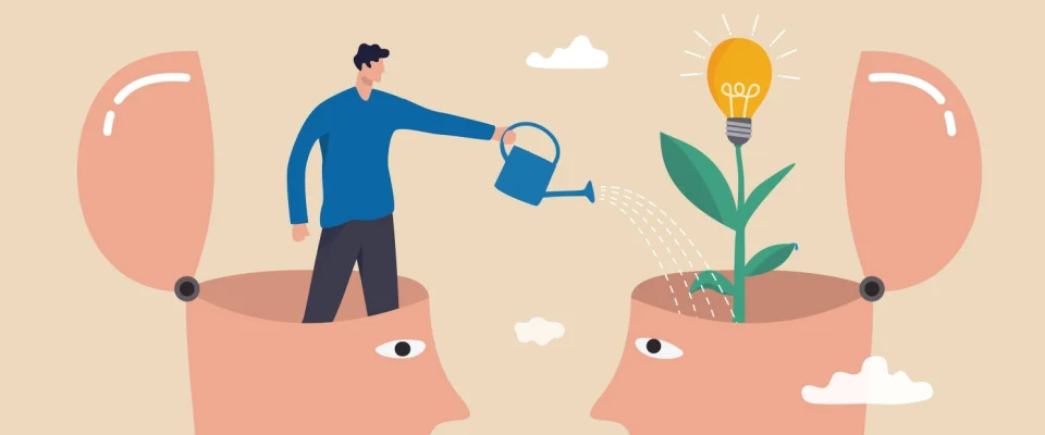 drawing of a man watering a lightbulb to make it grow symbolizing idea generation