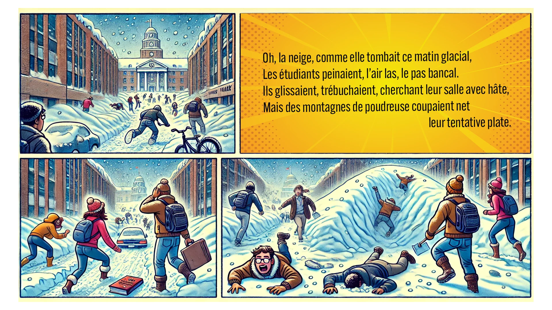 Oh, la neige, comme elle tombait ce matin glacial, Les étudiants peinaient, l’air las, le pas bancal. Ils glissaient, trébuchaient, cherchant leur salle avec hâte, Mais des montagnes de poudreuse coupaient net leur tentative plate.