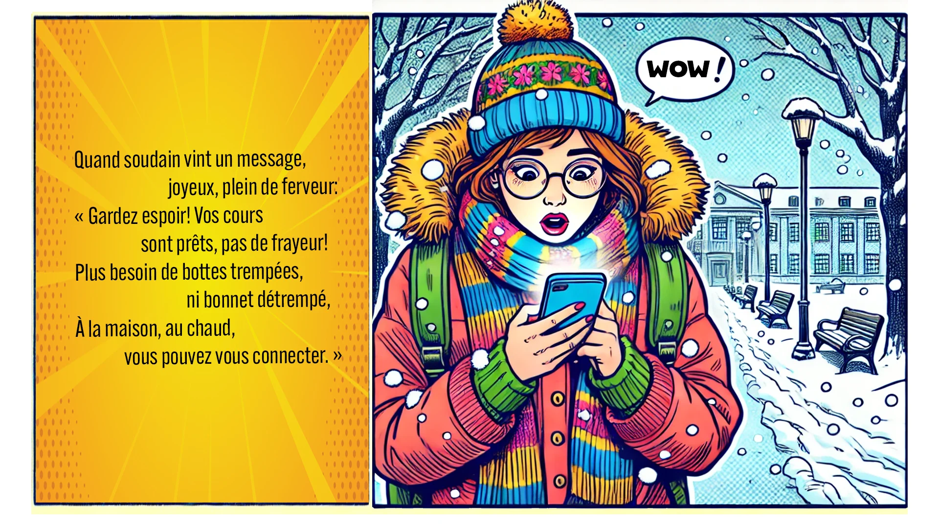 Quand soudain vint un message, joyeux, plein de ferveur: « Gardez espoir! Vos cours sont prêts, pas de frayeur! » Plus besoin de bottes trempées, ni bonnet détrempé, À la maison, au chaud, vous pouvez vous connecter.